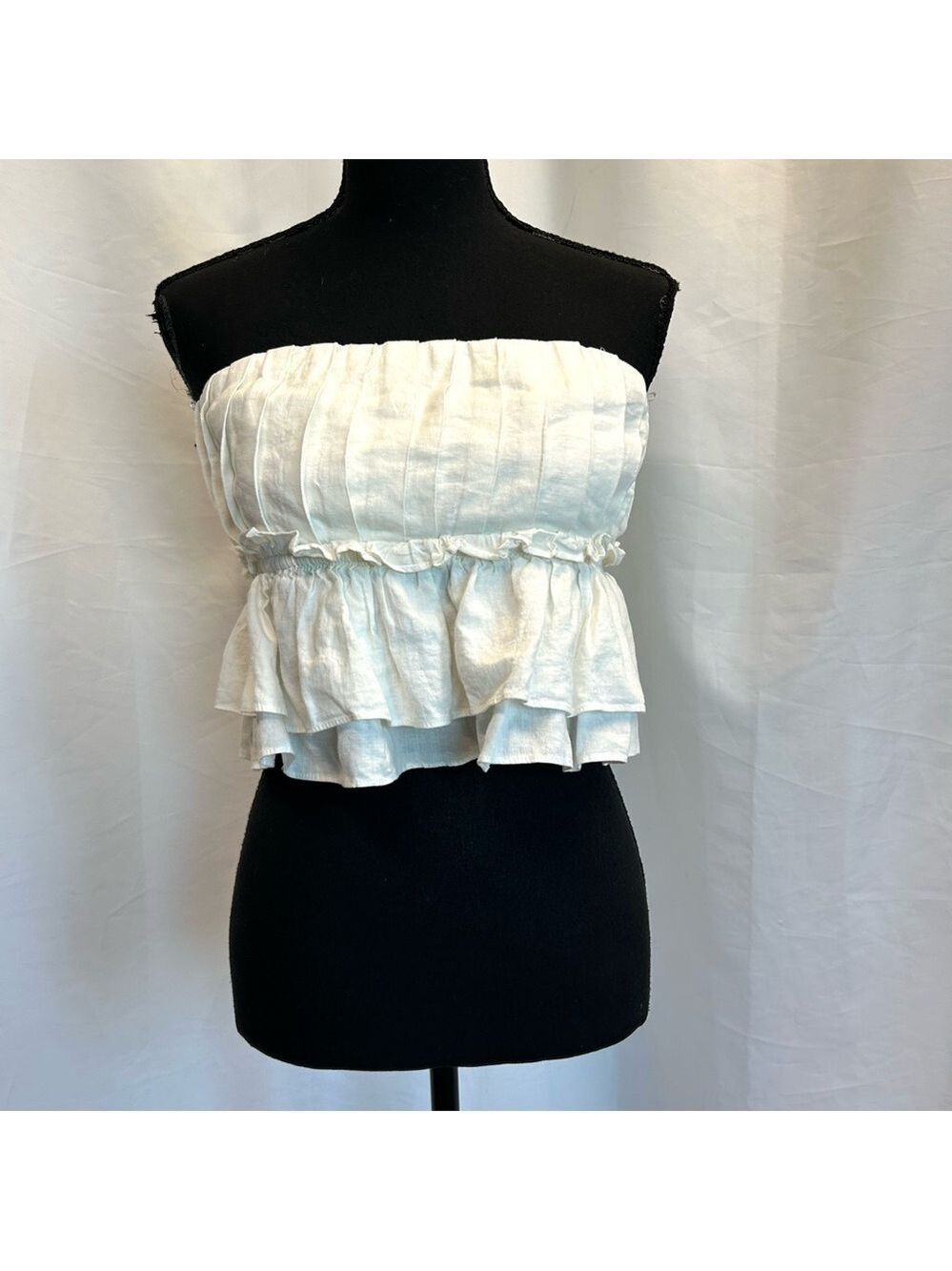 Zara white pleated ruched layered ruffle frill strapless open back top blouse M - Picture 3 of 14